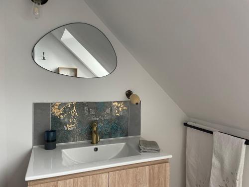 a bathroom with a sink and a mirror at Le Petit Monde de Molly in Toucy