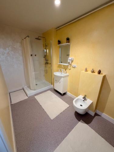 a bathroom with a toilet and a shower and a sink at LVO Studio in Bîrlad