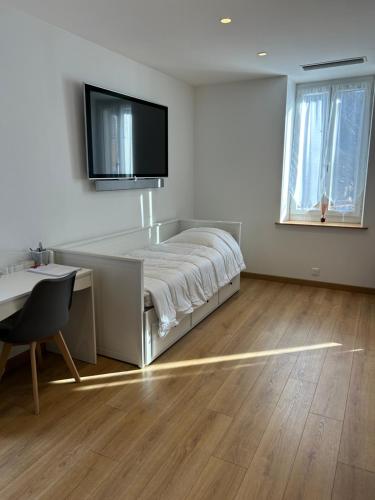 a bedroom with a bed and a flat screen tv on the wall at gîte des gorges de Daluis appartement 2 pieces in Daluis