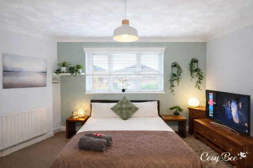 a bedroom with a bed and a flat screen tv at Cosy Bee - Freemantle Solent Lodge in Southampton