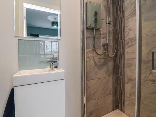a bathroom with a sink and a shower at Mikes Place On The Cove in Rhyl