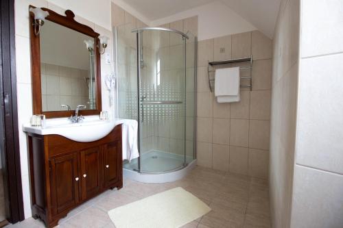 a bathroom with a sink and a glass shower at István Király Szálló in Pécsvárad