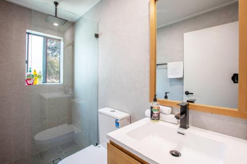 a bathroom with a sink and a toilet and a mirror at Stunning Water Views 3 in Jindabyne