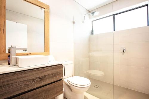a bathroom with a toilet and a sink and a shower at Mountain Oak 2 Jindabyne in Jindabyne