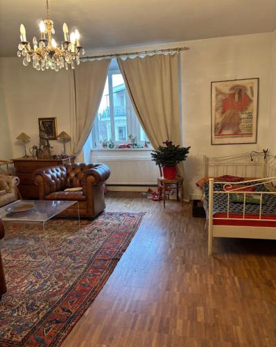 a living room with a leather couch and a chandelier at Vorderer Westen Kassel in Kassel