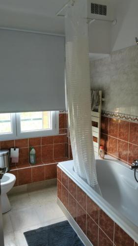 a bathroom with a tub and a toilet and a sink at Résidence Castors Colombes in Colombes