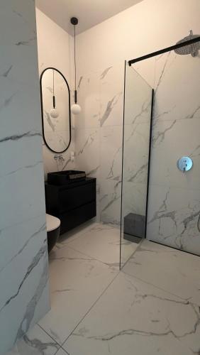 a bathroom with a walk in shower and a mirror at Hanza Tower Level XV Signature in Szczecin