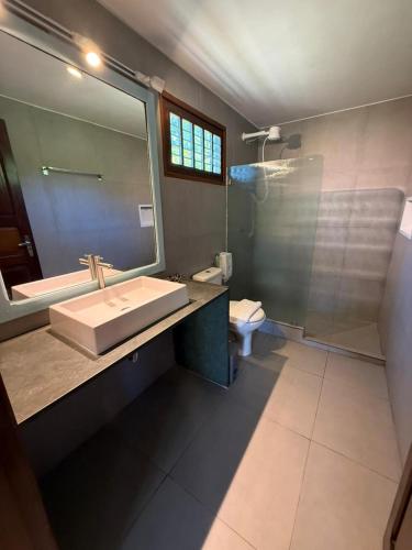 a bathroom with a sink and a mirror and a toilet at Bitingui Praia Hotel in Japaratinga