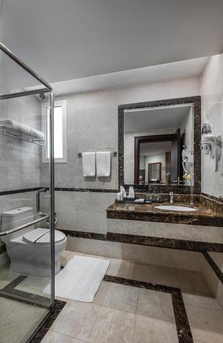 łazienka z toaletą, umywalką i lustrem w obiekcie Braiden Hotel w mieście Al-Dżubajl