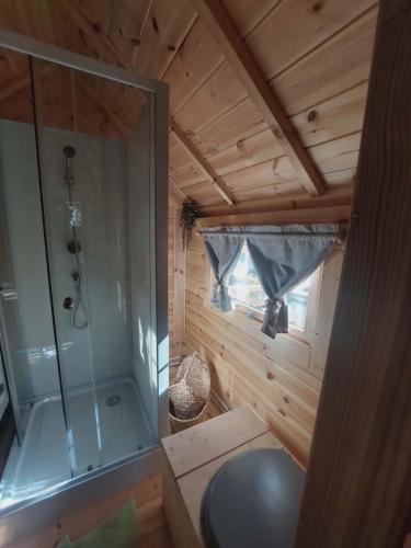 a small bathroom with a shower and a toilet at Auvergne Kota in Brugheas