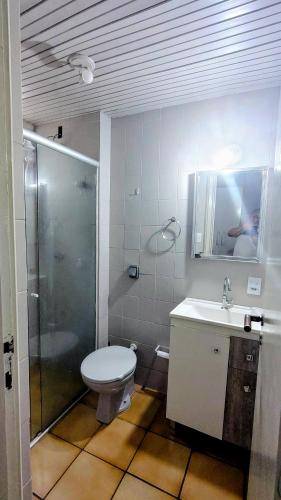 a bathroom with a shower and a toilet and a sink at Apto Centro Floripa 03 in Florianópolis