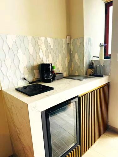 a kitchen with a counter top with a microwave at Canteira Boutique ApartHotel in Guanajuato