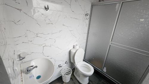 a white bathroom with a toilet and a shower at Finca Casa Real la Vega in La Vega