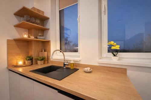 a kitchen counter with a sink and a window at Station APA s parkovaním in Michalovce