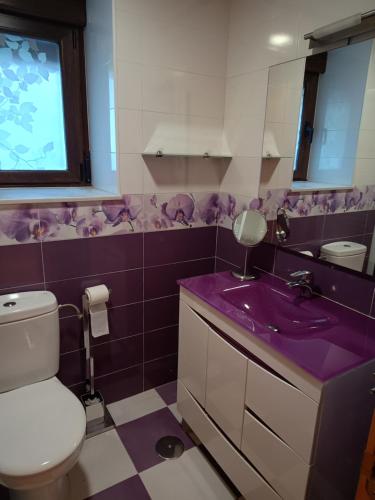 a purple bathroom with a toilet and a sink at La casa de Somiedo in Pola de Somiedo