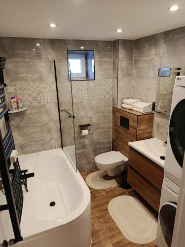 a bathroom with a tub and a toilet and a sink at Apartmán Forst in Nová Lesná