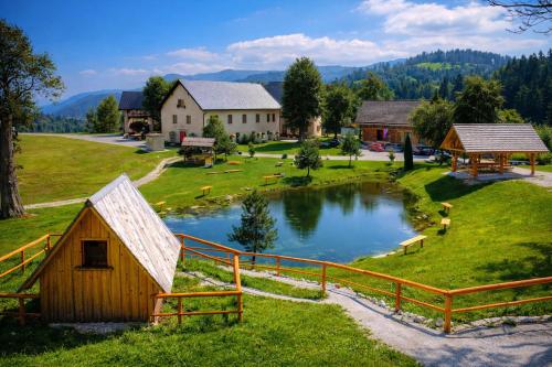 a farm with a barn and a pond with animals at Glamping Vrhovc in Železniki