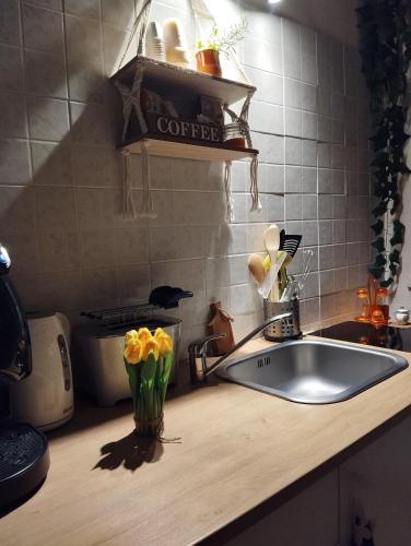 a kitchen counter with a sink and a vase of yellow tulips at La casetta di Jasmine in Salerno