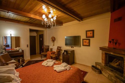 ein Schlafzimmer mit Bett, Kamin und Fernseher in der Unterkunft Pandion Luxury Boutique Hotel & Suites with Spa in Neochóri