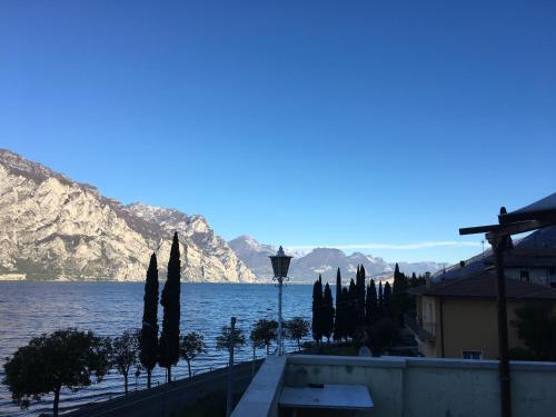 a view of a lake with trees and mountains at Hotel Vela Azzurra in Malcesine