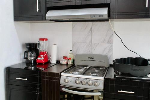 a kitchen counter with a stove and a blender at CASA LIZ & FER in Zacatlán