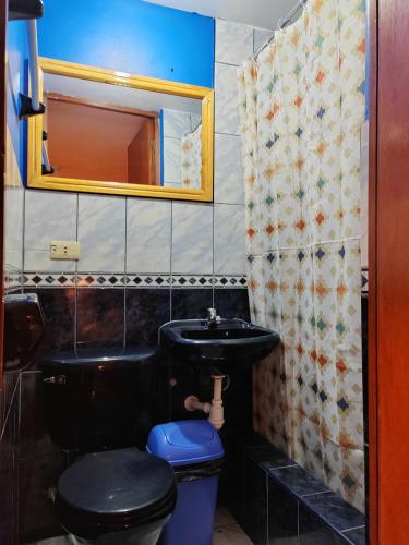 a bathroom with a black toilet and a mirror at Alma Andina Lodge in Huaraz