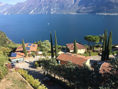 a view of a lake with houses and trees at Hotel Vela Azzurra in Malcesine