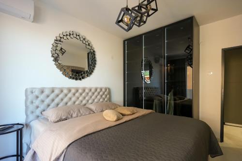 a bedroom with a bed with a mirror on the wall at Djuric Apartmani in Zaječar