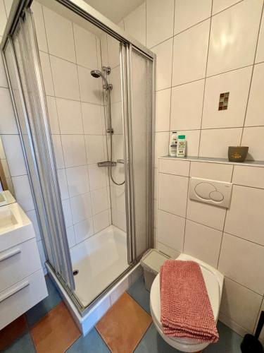 a bathroom with a shower and a toilet at Modernes Studio mit Balkon & Seeblick am Biggesee in Olpe