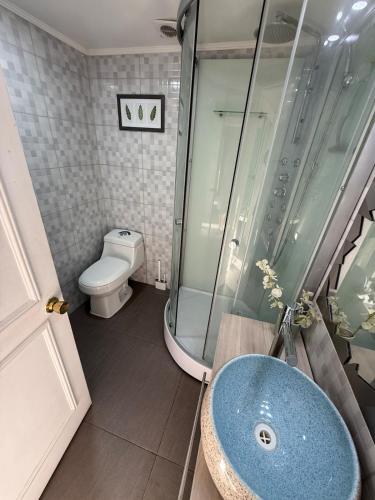 a bathroom with a shower and a blue sink at Hermoso Depto Almarza in Rancagua