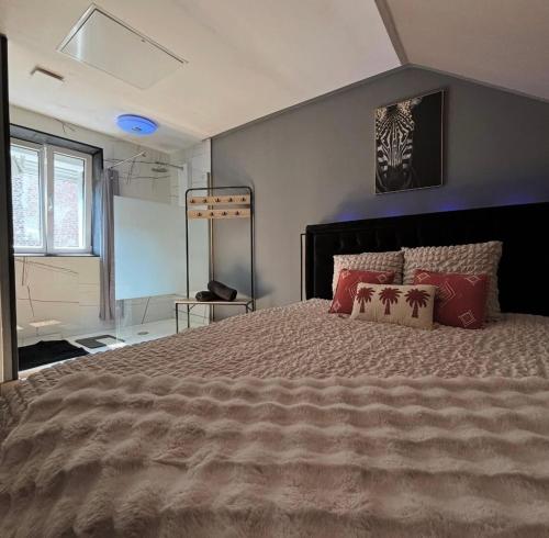 a bedroom with a large bed with red pillows at Ô Saphir Spa - Maison N3 in Denain
