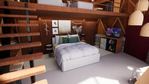 a bedroom with a white bed and a wooden wall at Domo Geodesico de Luxo Astrum Vallis in Rio de Contas