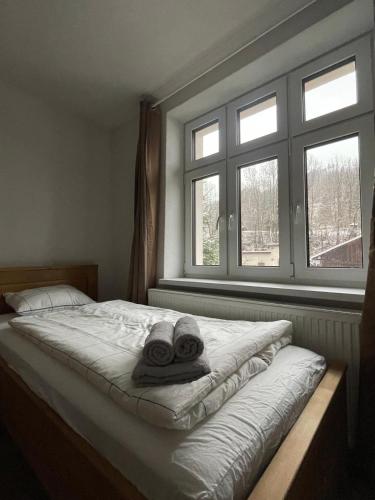 a bedroom with a bed with two towels and two windows at Vila Dom pod Chopkom in Bystrá