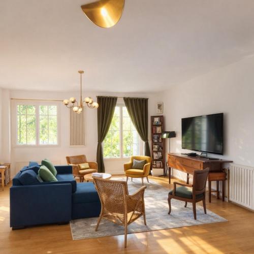 a living room with a blue couch and a tv at La maison aux 5 nids in Saint-Cyr-sur-Loire