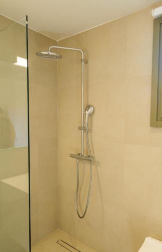 a shower with a glass door in a bathroom at Villa Selina 8 - Etheras Properties in Kythira