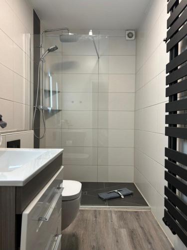 a bathroom with a toilet and a glass shower at Haus Pop in Borkum