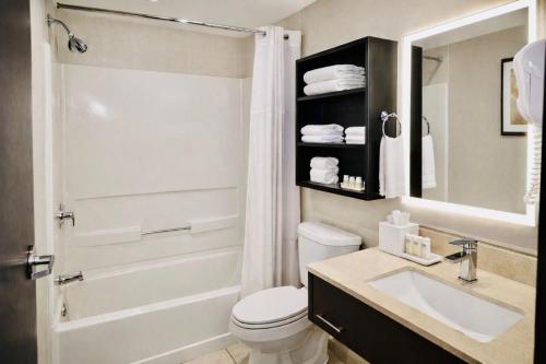 a bathroom with a toilet and a sink and a shower at Microtel Inn by Wyndham - Murfreesboro in Murfreesboro