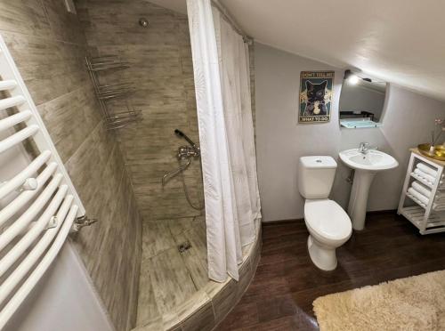un bagno con doccia, WC e lavandino di Namaste Hostel a Tbilisi City