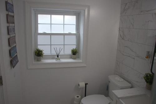 a white bathroom with a window and a toilet at Ekimo Elite Leisure in Jersey City