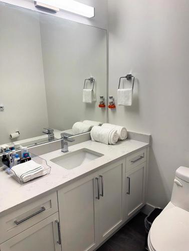 a bathroom with a sink and a large mirror at Quiet Private Room Victoria - PS5, Fast WiFi, Parking in Langford