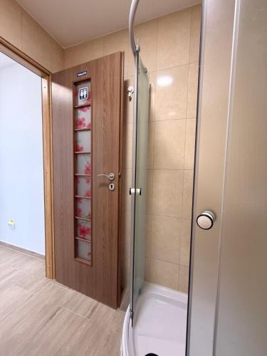 a shower with a glass door in a bathroom at Best4You Apartment Therme Airport in Baloteşti