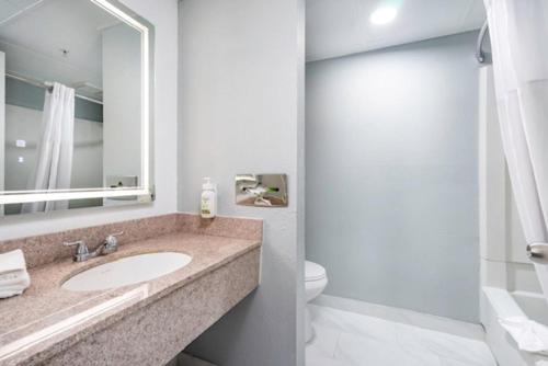 a bathroom with a sink and a toilet and a mirror at Baymont by Wyndham - Chicago - Addison - O'Hare in Addison