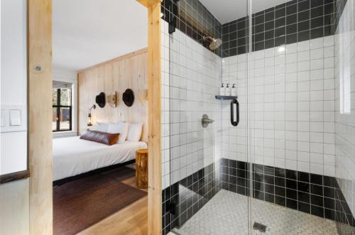 a bathroom with a shower and a bedroom with a bed at Hotel Palomino in Ridgway