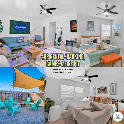 a collage of four pictures of a bedroom at Close to Downtown! Private Yard, Fire Pit,Games in San Diego