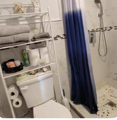 a bathroom with a toilet and a blue shower curtain at Quiet, Convenient Studio Andover Merrimack Valley - Long Stays Only in Andover