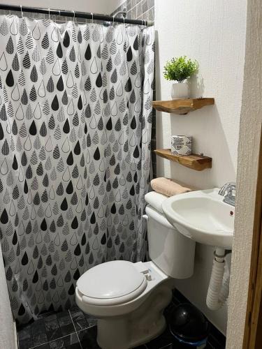 a bathroom with a toilet and a sink and a shower curtain at Hospedaje Samao in Santa María del Oro