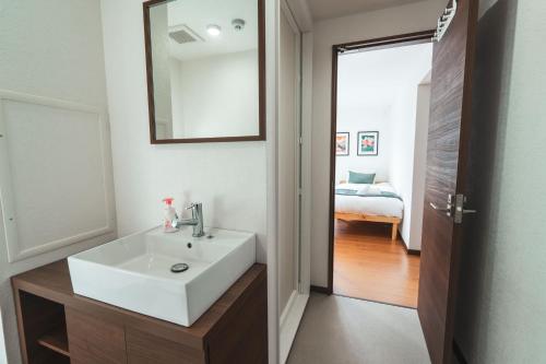 a bathroom with a white sink and a mirror at Adamo Akakura in Myoko