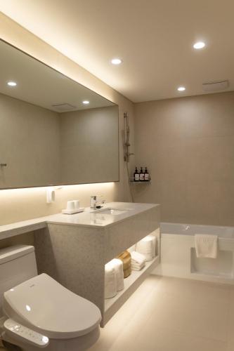 a bathroom with a sink and a toilet and a mirror at SL Hotel Myeongdong in Seoul