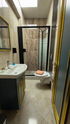 a bathroom with a toilet and a sink and a shower at crown taksim hotel in Istanbul