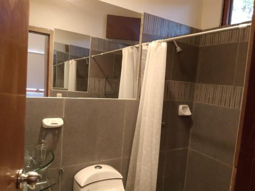 a bathroom with a toilet and a shower with a mirror at Casa los Pinos in Zorritos